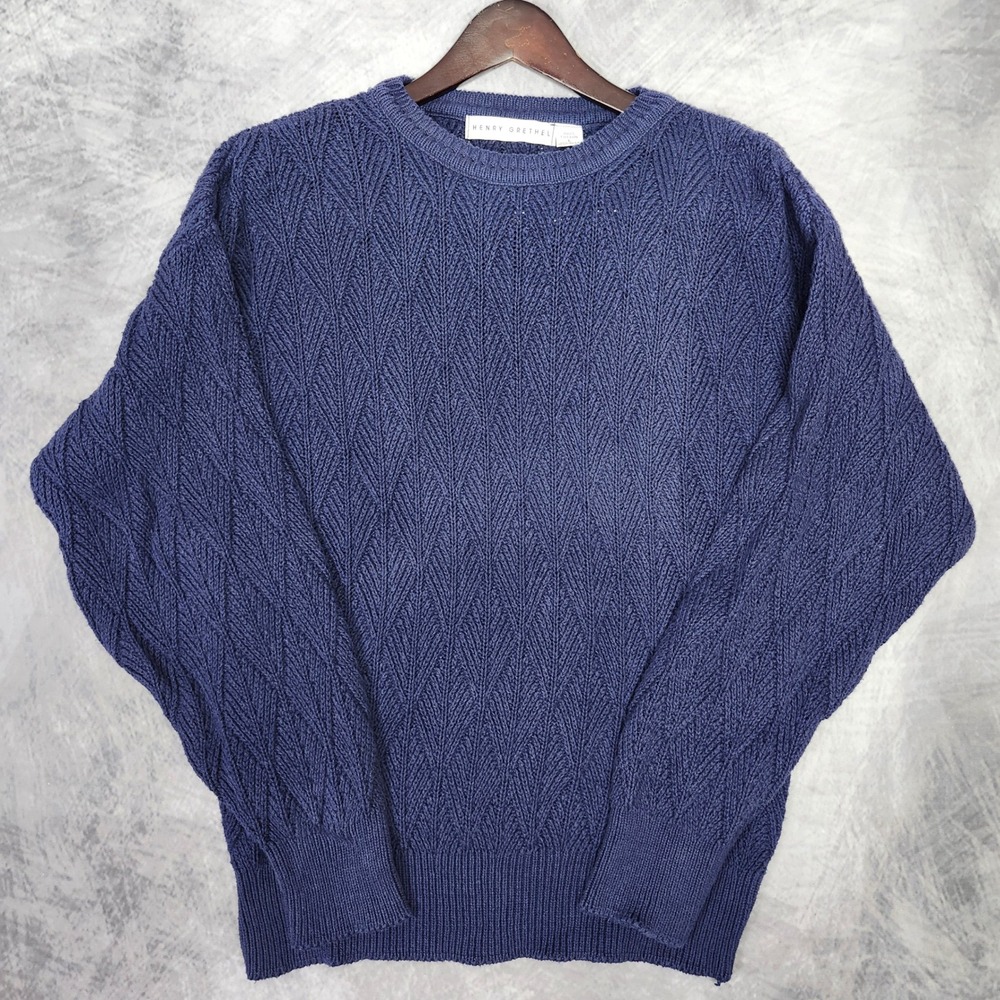 Vintage 90s Cotton Navy Cable Knit Fall Transition Sweater Large Made in USA